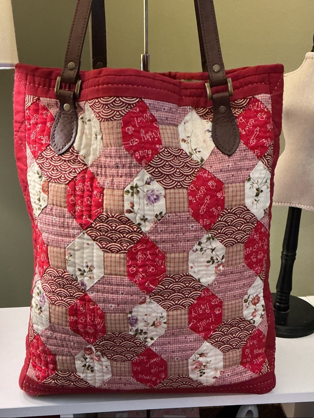 Handcrafted Quilted Red Patchwork Tote with Floral Accents Leather Handles NEW